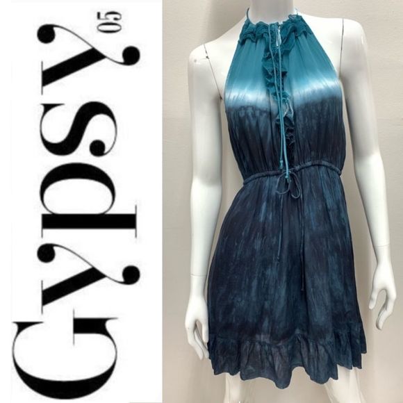 New Revolve Gypsy 05 Sexy Boho chic Blue Tie Dye ombré Halter Mini Party Dress - Picture 2 of 12